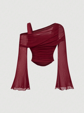 Off-Shoulder Mesh 2in1 Trumpet Sleeve Top